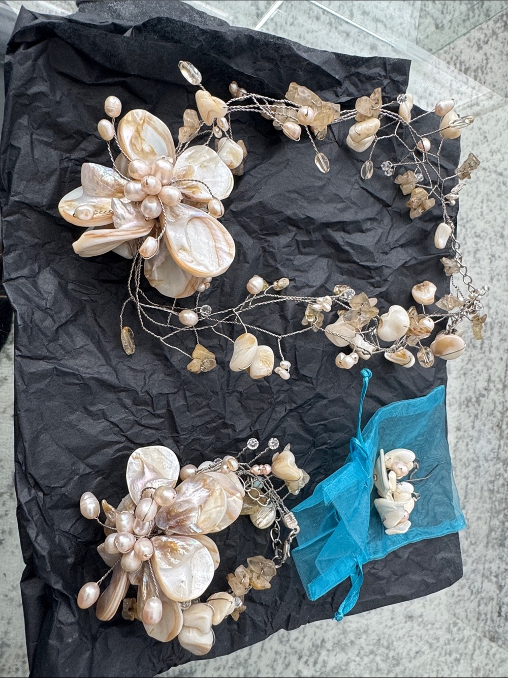 Pearl and Shell Floral Hair Vine and Bracelet Set - Cream